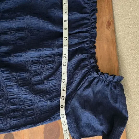 Navy Blue Textured Cotton Peasant Shirt with Ruffle Neckline and Balloon Sleeves - Picture 7 of 9